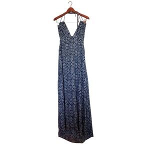 En Creme Batik Blue Geometric Ikat‎ Print Halter Maxi Dress V-Neck Tie Back Boho